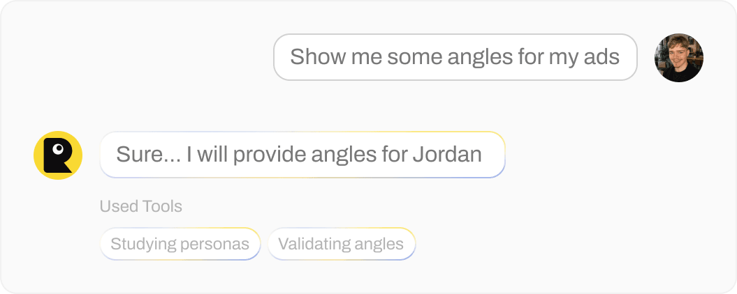 Raddivus AI Agent chat: a user asks for ad angles and the agent replies while studying personas and validating angles