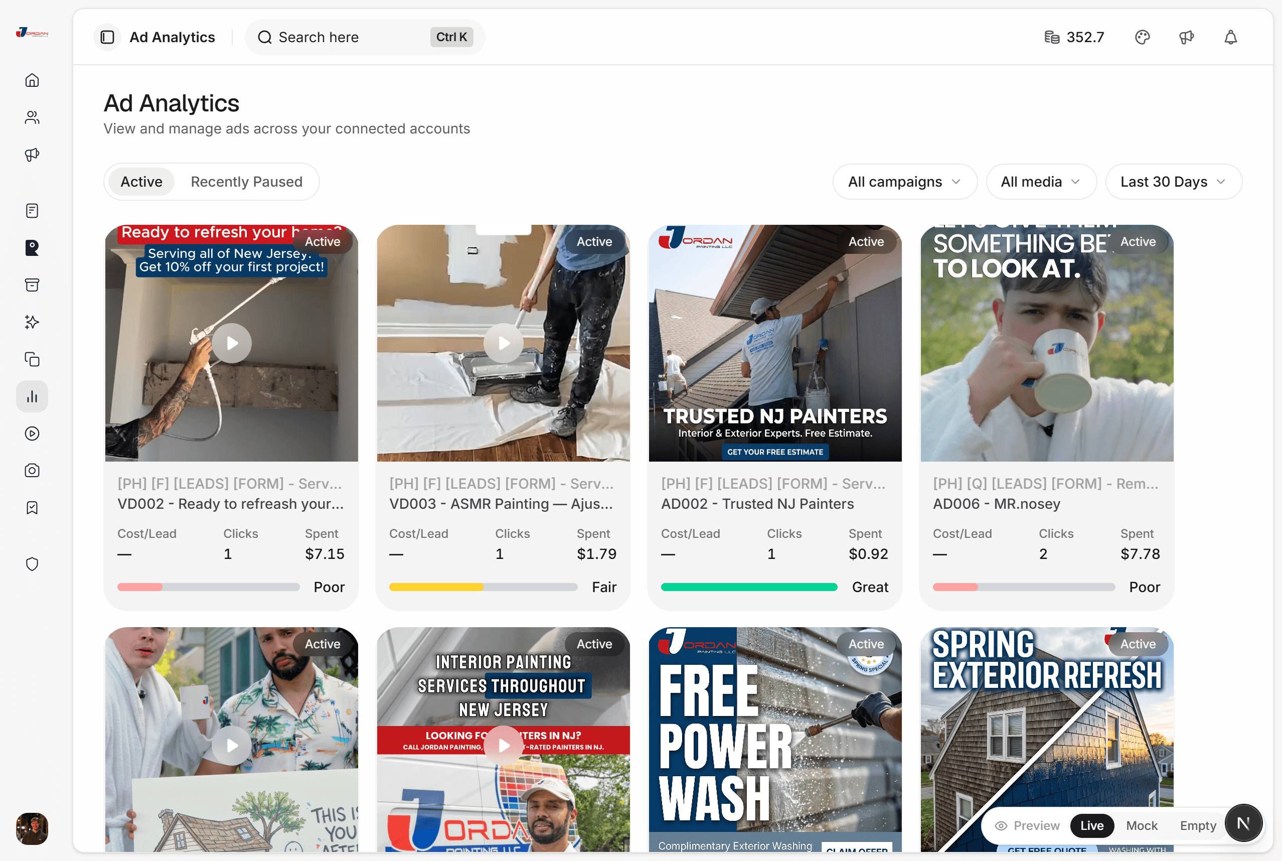 Raddivus ad analytics dashboard showing spend and results per ad