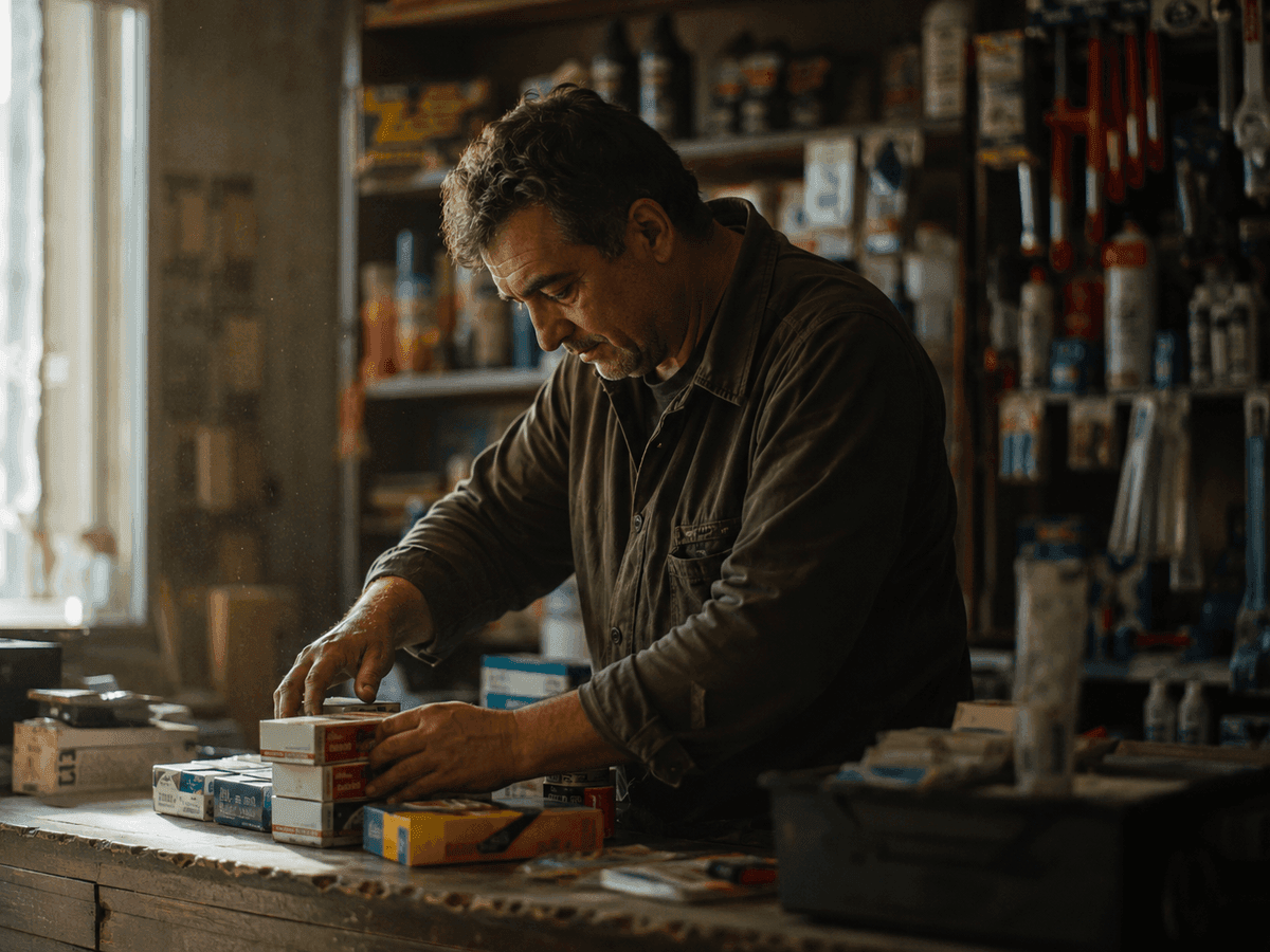 A business owner working behind the counter of his store